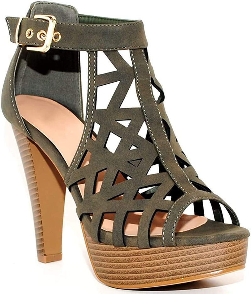 TRENDSup Collection Open Toe Ankle Strap Sandal â€“ Western Bootie Stacked Heel Open Toe Cutout Shoes (10, Olive)